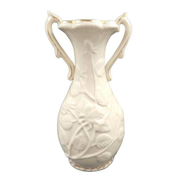 Vintage Rose Vase Gold Trim Handles Shabby Chic Cottage White Embossed Flower - Picture 1 of 8